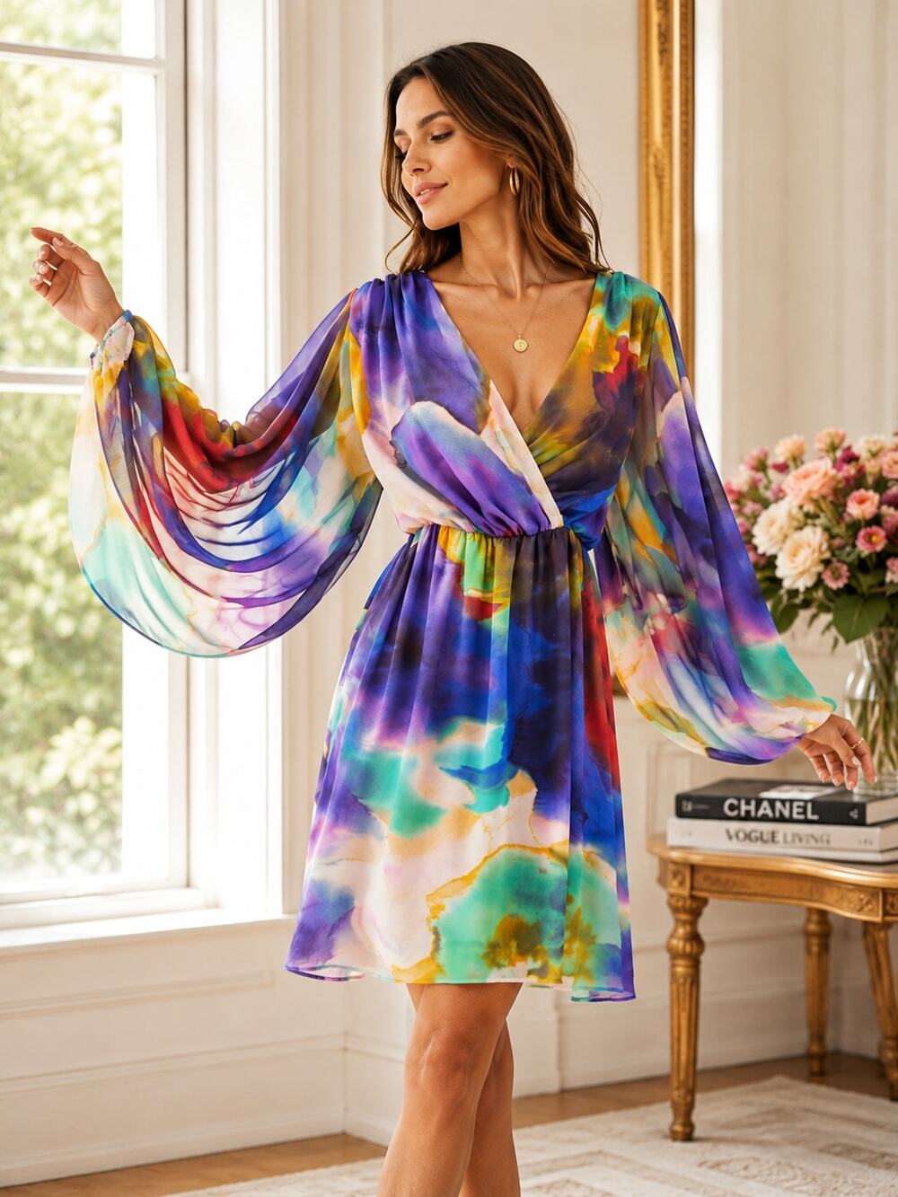 Suzy Chin Maggy Boutique Size 4 Watercolor Chiffon Cocktail Party Dress